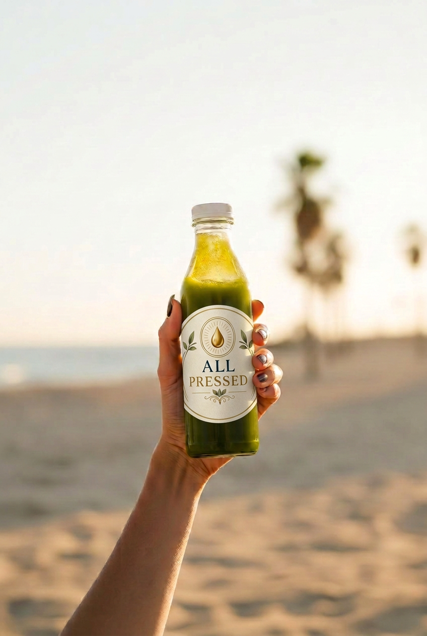 Hand holding a cold-pressed green juice on the Carlsbad beach